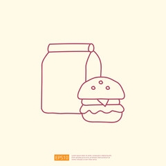 takeaway meal box with burger icon concept. takeaway food line doodle style icon vector illustration