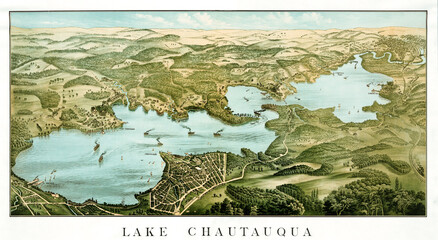 Top aerial view of Chautauqua Lake, New York, and hill green landscape to the horizon. Highly detailed vintage style color illustration by unknown author, U.S., 1885