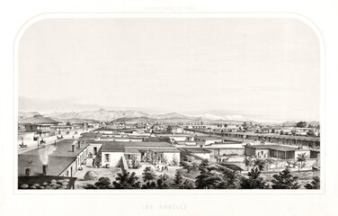 Large central perspective of Los Angeles, California, with roofs of low houses going to horizon. Highly detailed vintage style gray tone illustration by Kuchel and Dresel, U.S., 1857