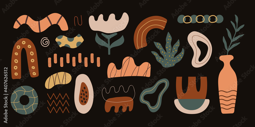 Poster Vector set of abstract geometric shapes and objects on a dark background. Trendy organic and minimalistic design for banner, cover, wallpaper, stories background. Horizontal background.	
