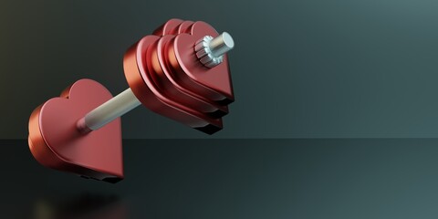 Athletic dumbbell made from red hearts. Fitness center advertising template. Copy space. 3d illustration