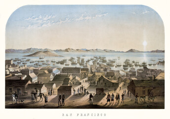 Old San Francisco, California, and sun rising on the bay over the horizon. Highly detailed vintage style color illustration by Marryat author, London., 1850