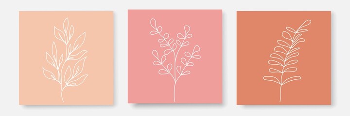 Fototapeta na wymiar One Line Drawing Vector Leaves Prints Set. Botanical Poster. Modern Single Line Art, Aesthetic Contour. Perfect for Home Decor, Wall Art Posters, or t-shirt Print, Mobile Case. Continuous Line Drawing