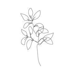 Leaves Branch Single Line Drawing. Continuous Line Drawing of Simple Flower Minimalist Style. Abstract Contemporary Design Template for Covers, t-Shirt Print, Postcard, Banner etc. Vector EPS 10.