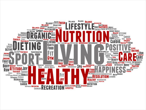 Vector concept or conceptual healthy living positive nutrition sport abstract word cloud isolated background. Collage of happiness, care, organic, recreation workout, beauty, vital healthcare spa text