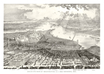Old huge aerial view of Washington D.C. and vast lands over the horizon. Highly detailed vintage style gray tone illustration by unidentified author, U.S., 1865