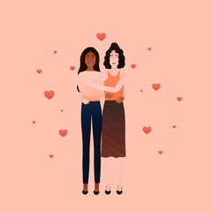 Obraz na płótnie Canvas LGBT couple cuddling,hearts around, romantic relationships of lesbian, diversity, friends embracing,valentine card