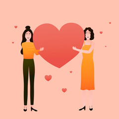 happy women holding giant heart, valentine card, romantic relationships, lgbt couple, concept of equality and diversity
