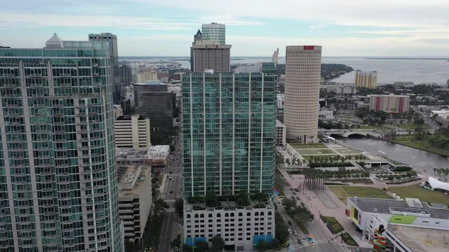 Tampa, Florida , USA - July 1, 2020 : Downtown Tampa, Florida. Shot during the COVID Pandemic in 2020.