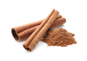 Cinnamon sticks and powder on white background