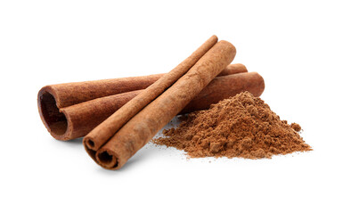 Cinnamon sticks and powder on white background