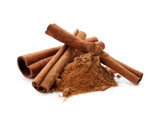 Cinnamon sticks and powder on white background