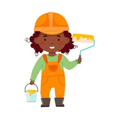 Smiling African American Girl Builder in Hard Hat and Overall Holding Paint Roller and Bucket Vector Illustration