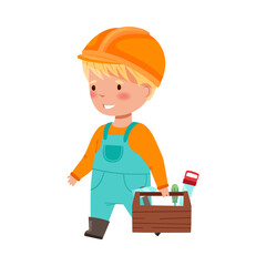 Funny Boy Builder in Hard Hat and Overall Carrying Box with Tools Vector Illustration