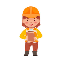 Little Girl Builder Wearing Hard Hat Holding Checklist Vector Illustration