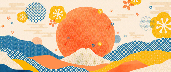 Berg- und Goldlandschaftswand-Kunstvektor. Abstrakte Kunst im japanischen orientalischen Stil mit goldenem Texturdesign für gerahmte Wanddrucke, Leinwanddrucke, Poster, Wohnkultur, Cover, Luxustapeten.