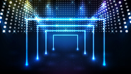 Abstract futuristic blue background of stage neon door with beautiful spotlight ray