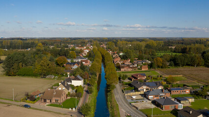 Aerial view of the Langelede canal, in Wachtebeke, East Flanders, Belgium