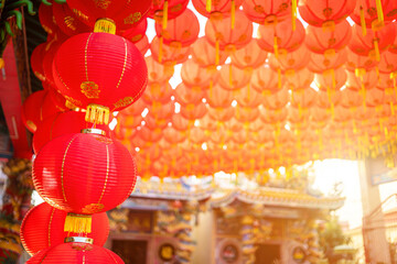 red lantern decoration for Chinese New Year Festival at Chinese shrine Ancient chinese art with the Chinese alphabet Blessings written on it Is a Fortune blessing compliment,Is a public place Thailand