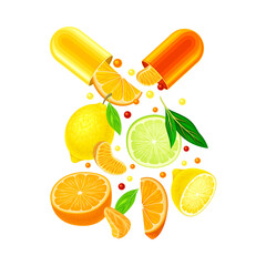 Open Hard-shelled Capsule with Citrus Fruits as Vitamins and Supplement Vector Illustration
