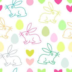Easter vector seamless pattern with rabbits,eggs and hearts isolated on white. Cute background in pastel colors. Can be used for fabric, greeting card, wrapping paper.