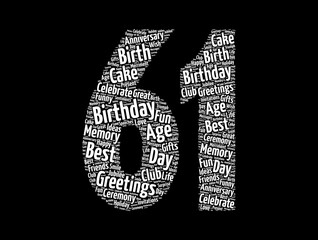 Happy 61st birthday word cloud, holiday concept background