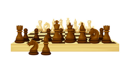 Wooden Chessboard with Chess Pieces as Chess or Strategy Board Game Vector Illustration