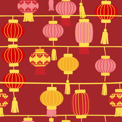 Chinese new year lanterns on red background - seamless