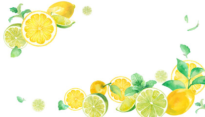 爽やかなシトラスとミントの水彩イラスト。2隅を装飾したフレームデザイン。バナー背景。レモンとライム。