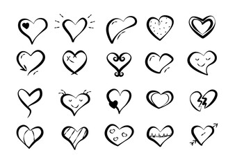 Vector black hearts set icons. Various options of creative heart drawings, valentine's day concept.