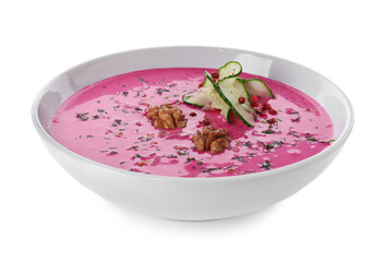 Delicious cold summer beet soup on white background