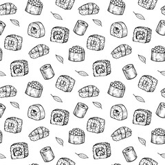 Seamless pattern from sketches of sushi and rolls.
