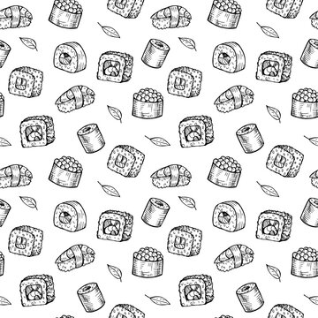 Seamless pattern from sketches of sushi and rolls.