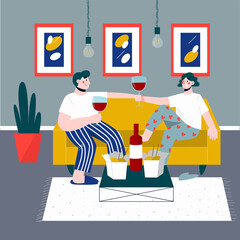 Romantic dinner at home. Happy couple drinking wine and eating Chinese noodles. Flat vector illustration.