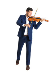Man playing wooden violin on white background