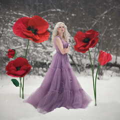 Portrait of a gentle blonde woman in a lilac dress with red growth poppies