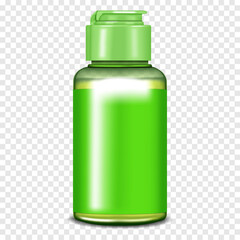 Clear green plastic bottle with screw flip top cap and blank label on transparent background, vector mockup. Template for design
