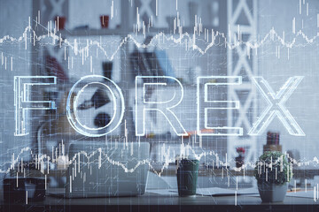 Double exposure of stock market graph drawing and office interior background. Concept of financial analysis.