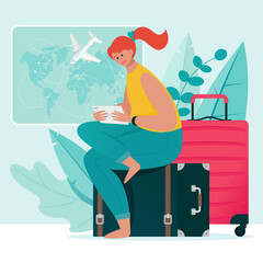 Time to travel concept. Young smiling woman sitting on a suitcase, with a tablet in her hands, orders a plane ticket, or waiting for travel. Vector illustration in flat style