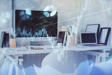 Double exposure of financial graph drawing and office interior background. Concept of stock market.