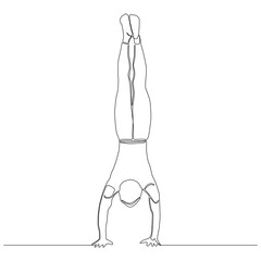 Continuous line of man upside down. Yoga exercise vector.