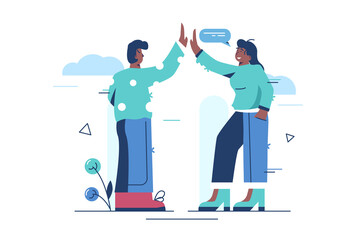 High five gesture vector illustration. Man and woman congratulating each other flat style concept. Partnership, team work, goal achievement, celebration concept design