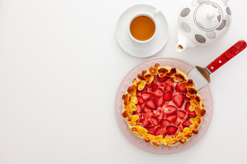 Fresh strawberry gift pie for breakfast with green tea