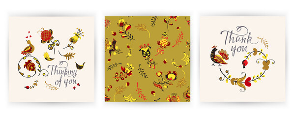 Fototapeta na wymiar Vector set cards of seamless pattern with flowers and bird in Scandinavian style.