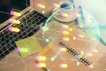 Double exposure of map drawing and desktop with coffee and items on table background. Concept of global data.