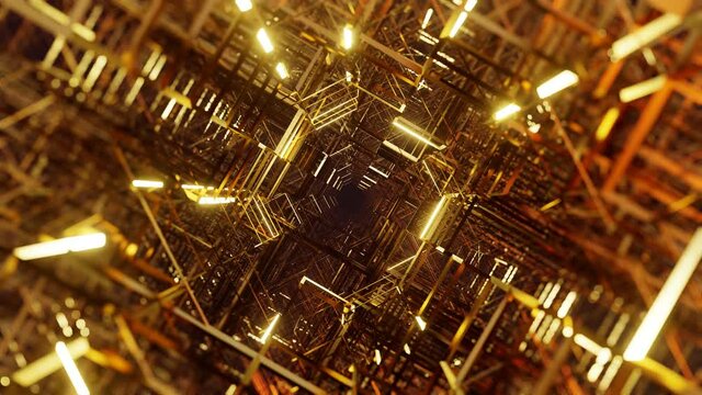A golden tunnel of lines. A golden corridor with bright reflections and blurring at the edges. Luxury background. 3D 4K loop animation