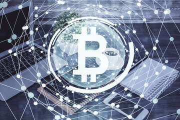 Double exposure of blockchain theme drawing and cell phone background. Concept of cryptomarket