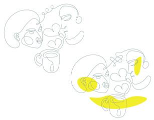 Set of Valentines day icons with hearts, couple and cup of tea in pantone 2021 colors 