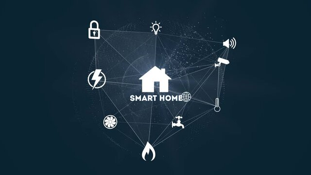 Smart home concept animation, remote control, with the different options you can control: temperature, sound electricity, water, internet, sound, CCTV camera, lights. White icons on a blue background.