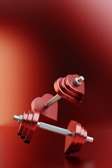 Sports dumbbells made from red hearts. Fitness advertising template. Happy Valentine's Day greetings. 3D illustration